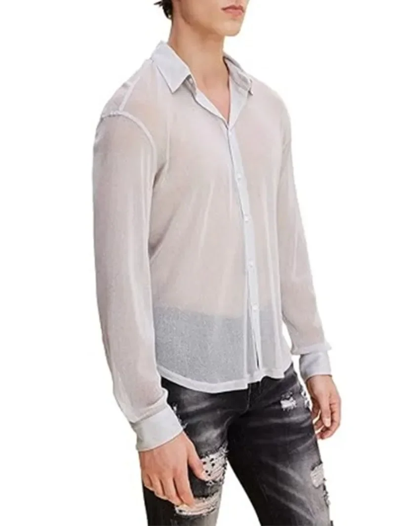 Summer White Thin Perspective Mens Shirt Breathable Casual Top Night PerformanceTop for Men