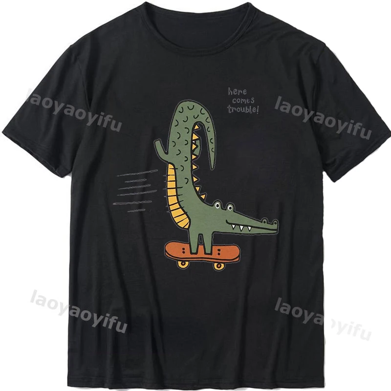 Crocodile on a skateboard, 2024  New Arrival  Kawaii Cartoon Printed T-shirt Top Short-sleev Men and Women Clothing