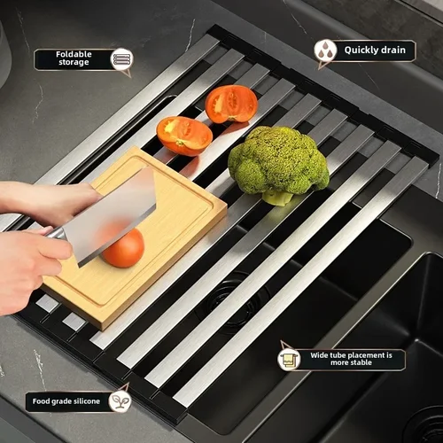 Imagen 2 del producto Rejilla de drenaje para fregadero de cocina de acero inoxidable 304, escurridor para fregadero y platos, escurridor plegable y retráctil
