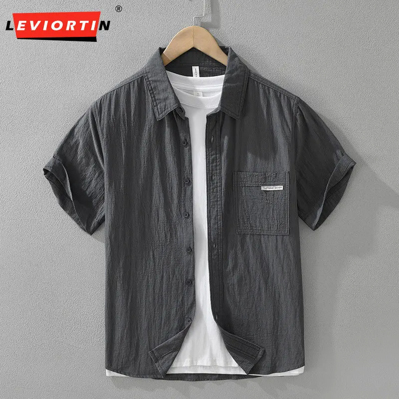 

Летняя мужская одежда, однотонная японская рубашка с короткими рукавами в стиле ретро, модный и универсальный, художественный и повседневный свободный топ.