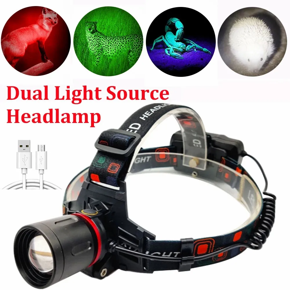 C2 Green/Red/UV Led Head Light Headlamp Zoomable Head Lamp Torch 4 Modes Headlight USB Charging Fishing Hunting Camp Flashlight