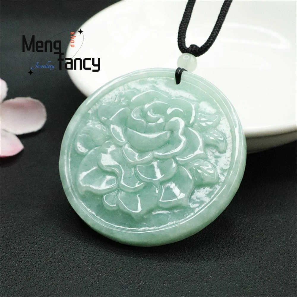 Natural Jadeite Rose Pendant Round Plaque Sweater Exquisite Elegant Charm High-grade Luxury Quality Jewelry Fashion Holiday Gift