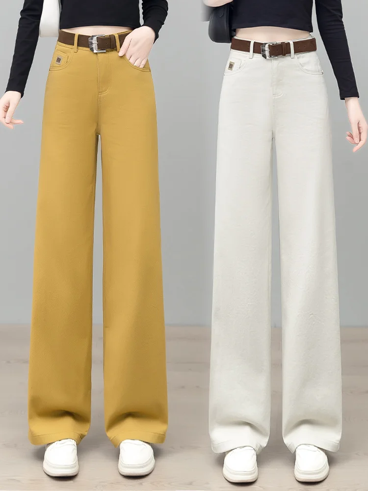 

Женские джинсовые брюки с высокой талией, прямые, из хлопка, для весны и осени, свободного кроя, повседневные, широкие, элегантные, для офиса и на каждый день