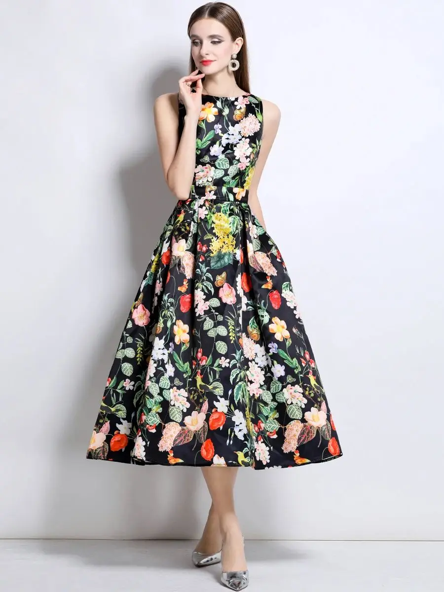 loral stampato senza maniche abiti a vita alta donna ritaglio stereoscopico a vita abito longuette a trapezio estate nuova moda