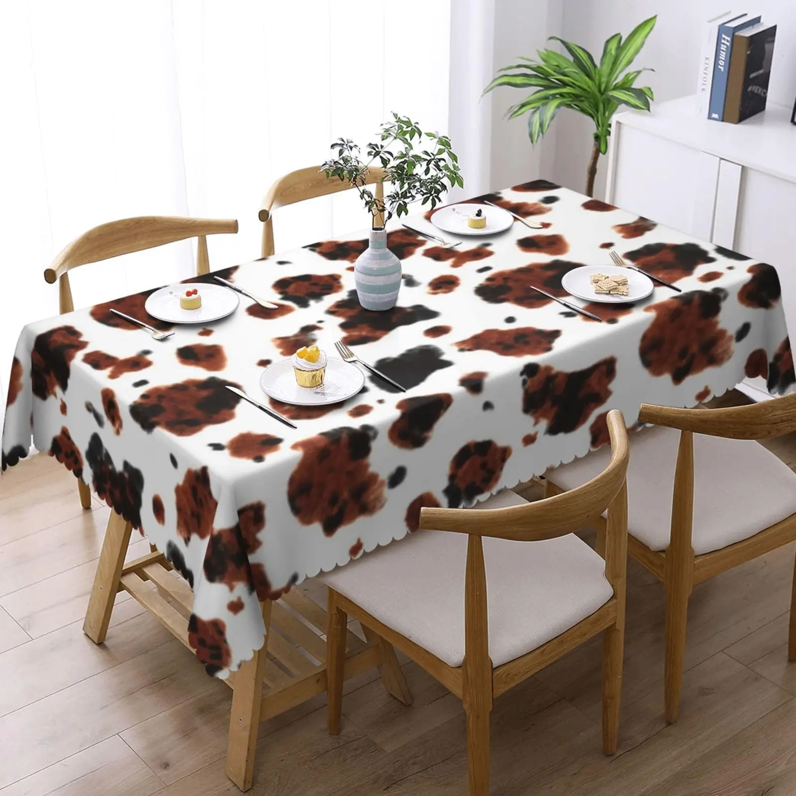 Cow Print Rectangle Tablecloth Cowhide Brown White Animal Cow Skin Spots Table Cloth for Party Kitchen Dining Decor Rectangular