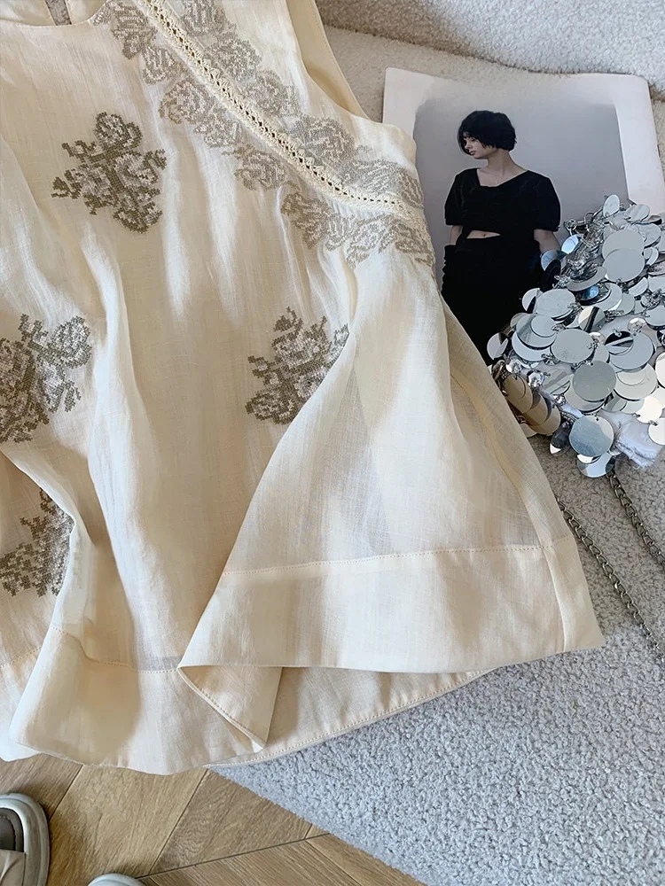 Colete E de Linho Bordado Sem Mangas com Decote Redondo, Ajuste Solto, Estilo Vintage Fino para Homens e Mulheres, Est...