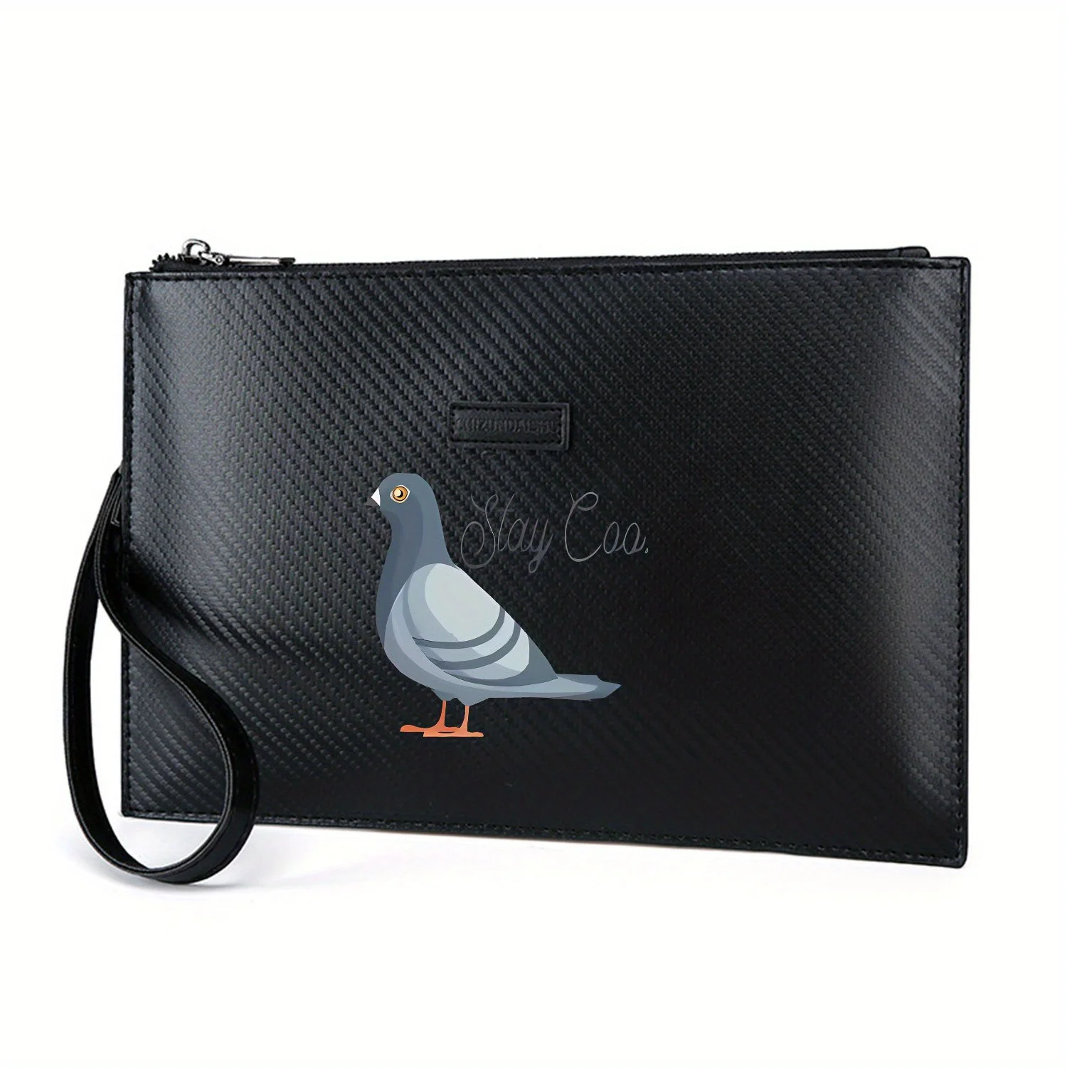 رسم توضيحي للحمام، نص ستاي كو. حقيبة يد رجالية أنيقة مطبوعة من البولي يوريثان عصرية وعملية للحمل اليومي