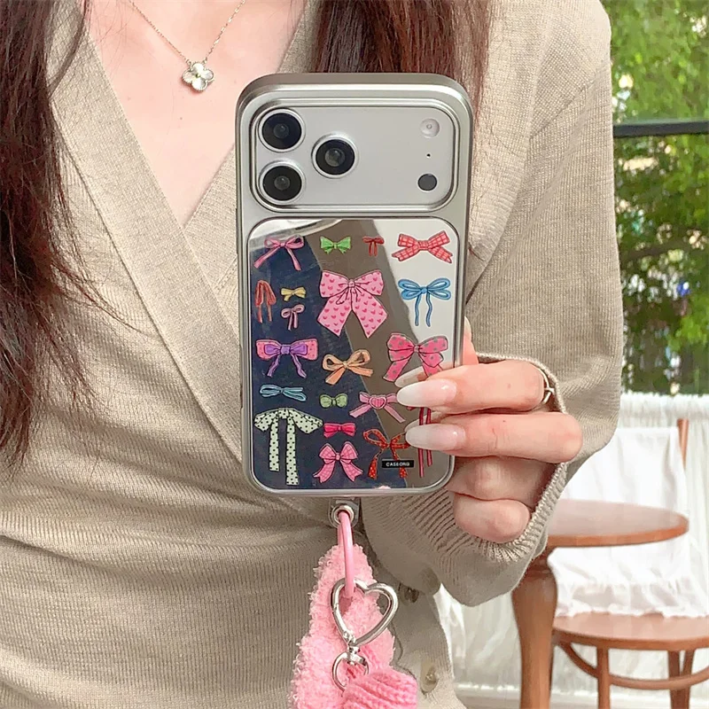 Korean Color Cute Bow Mirror Phone Case For iPhone 17 Pro 16 15 14 Pro Max Cover with Plush Hand Rope Kawaii Cases 17 Promax 16