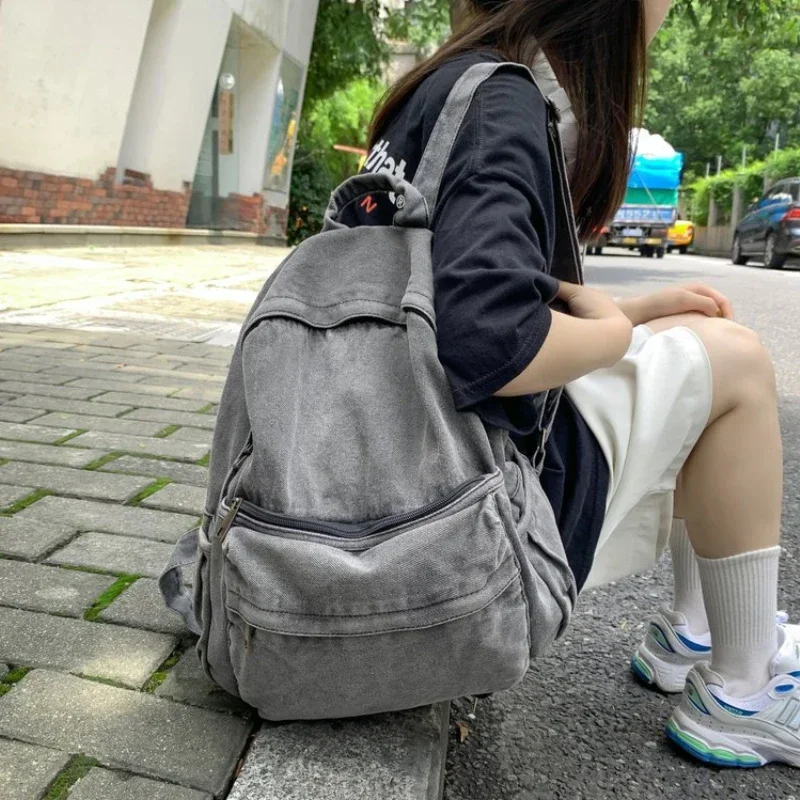 New Gray Denim Backpack Women's Leisure Travel Outing Shoulder Bag