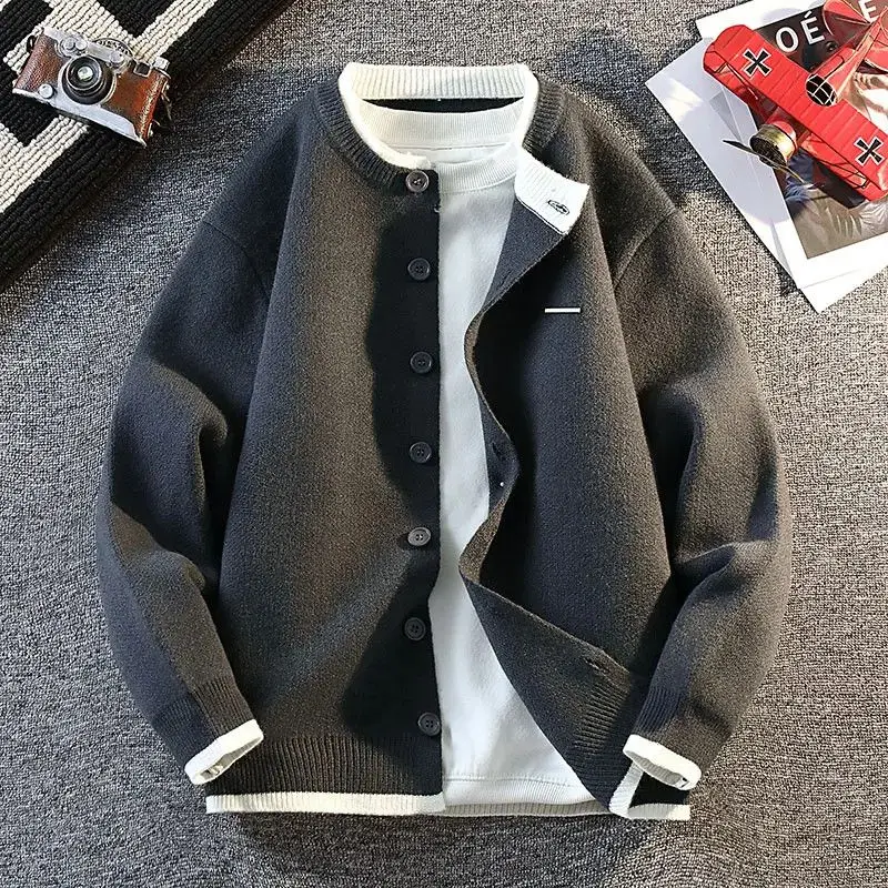 

Элитный вязаный кардиган в стиле пэчворк, круглый вырез, мужской модный свитер, осень-зима, модель M 25862