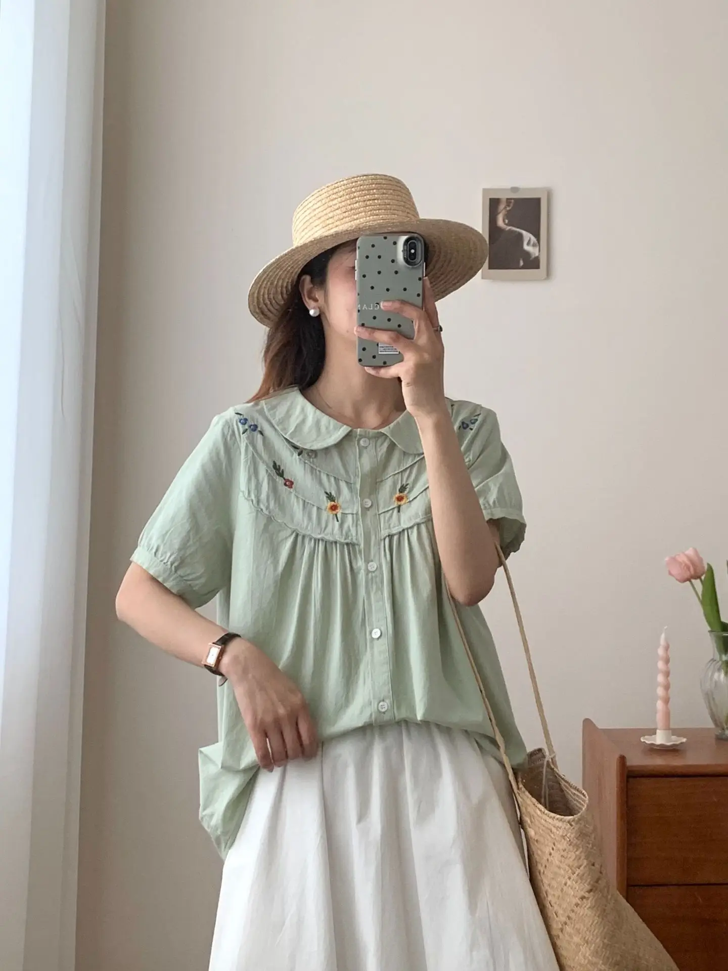 New 2025 Summer Cotton Short Sleeve Shirt, Women Peter Pan Collar Embroidery, Mori Girl Sweet Casual INS Loose Blouse T55521CC
