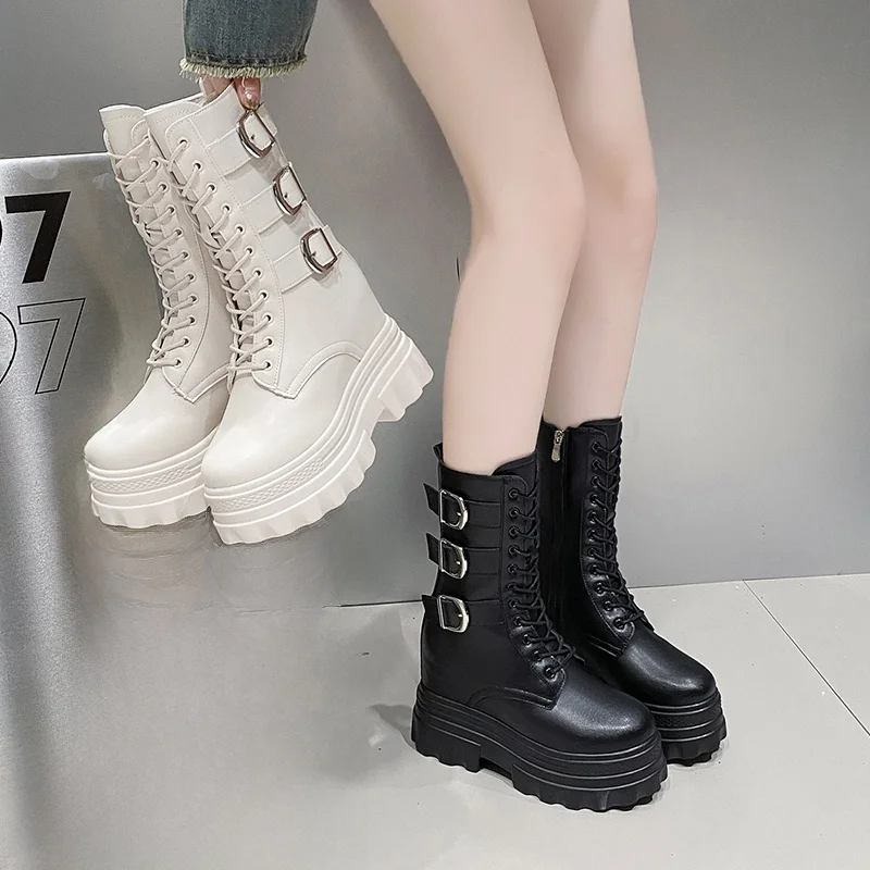 

Women's Boots Autumn Winter Thick Bottom High Heel 11cm Inner Heightening British Style Short Boots Fashionable Slimming