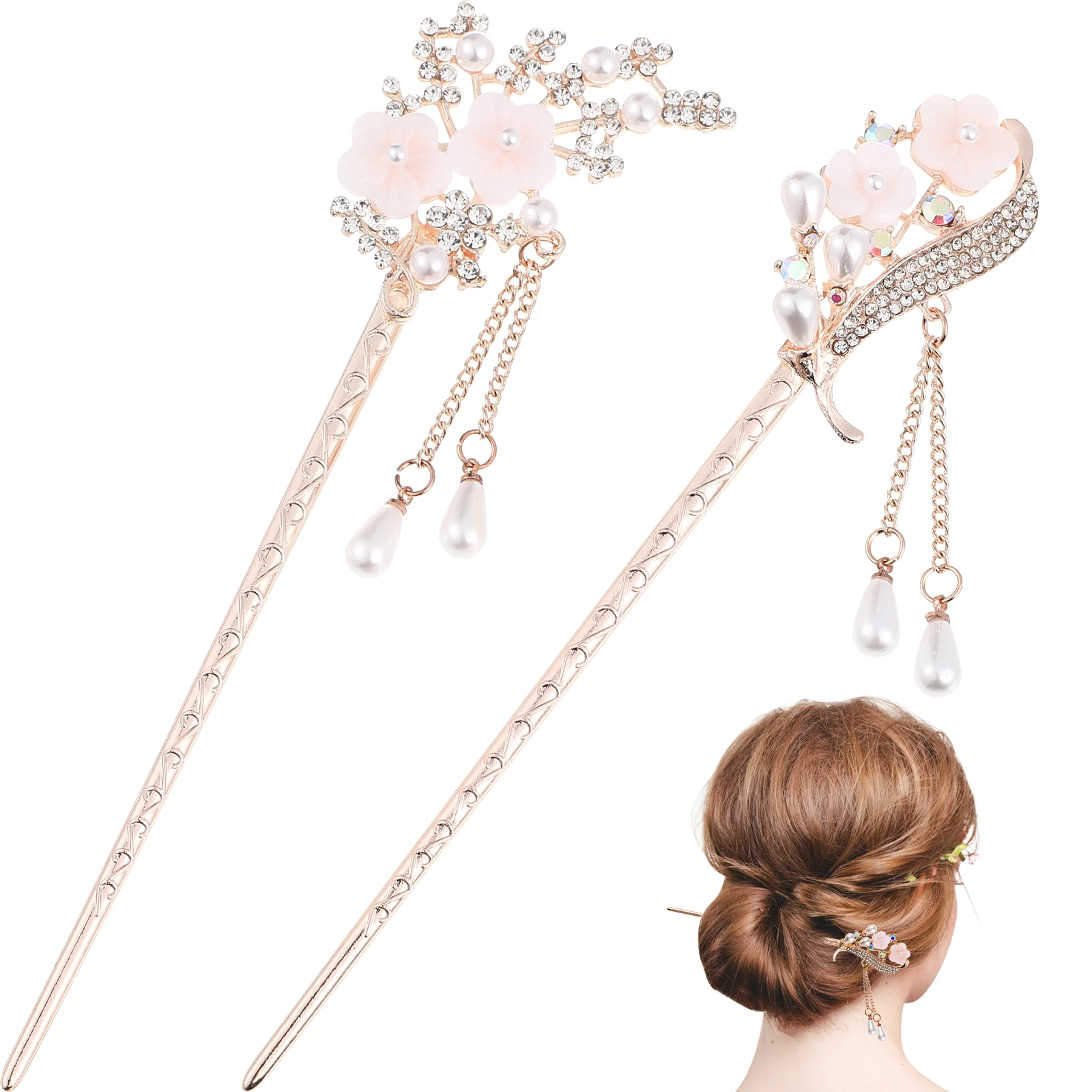 2 Pcs Pearl Tassel Hairpin Accessories Japanese Sticks for Women Chinese Japanese-style Forks Weddings Alloy Miss Bun Vintage