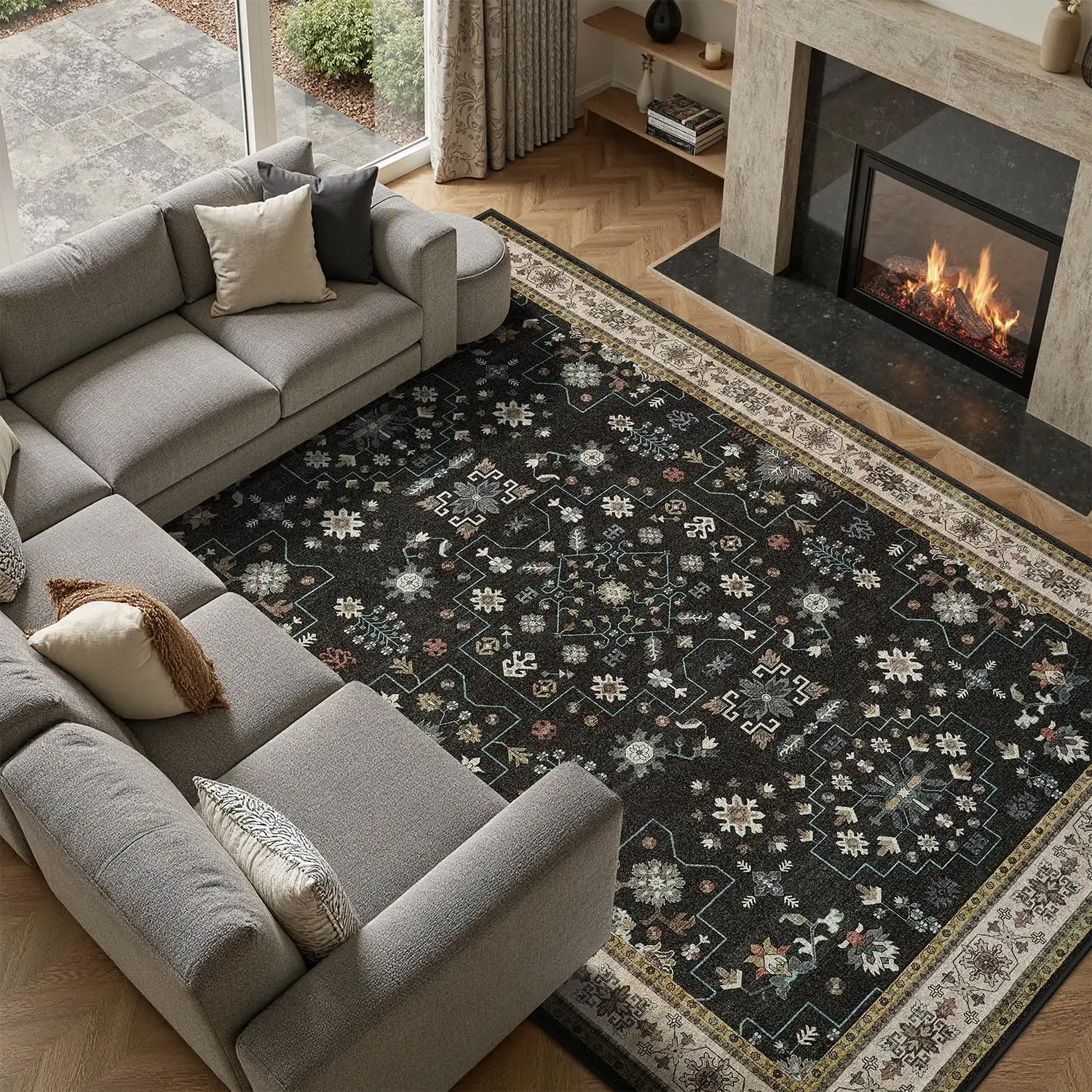 9x12 Extra Large Black Vintage Floral Area Rug Machine Washable Non Slip Soft Low Pile Carpet Floor Mat for Living Room Pet Kid