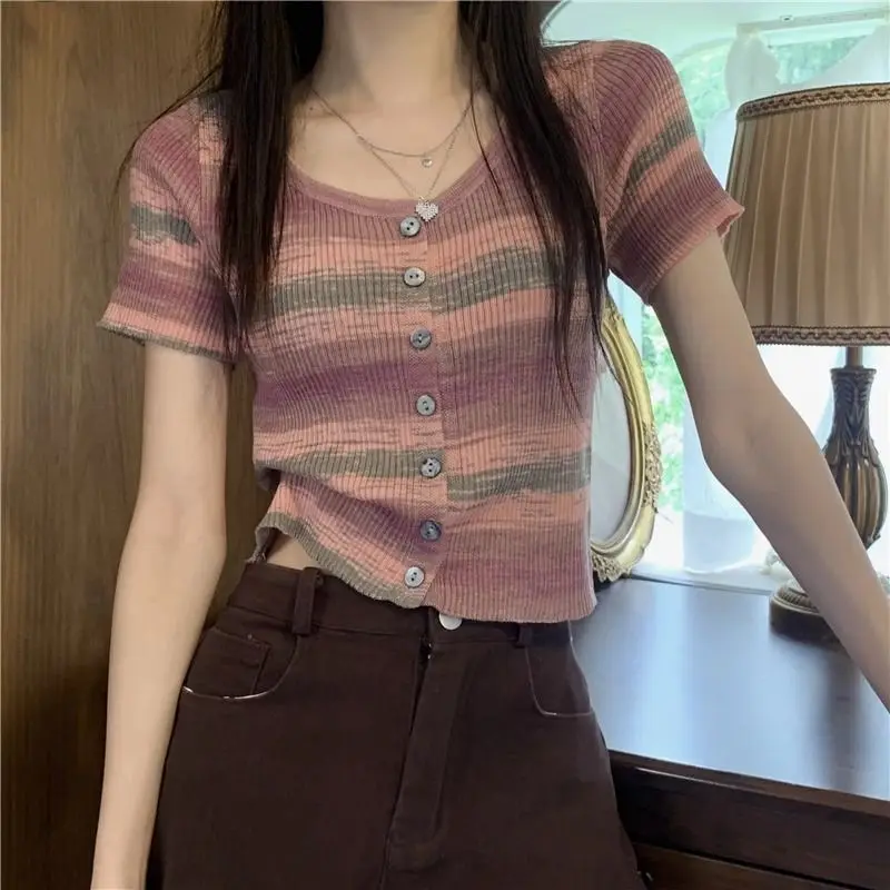Women's 2026 Summer Hong Kong Vintage Stripe Knit Ice Silk Cropped Top Short Sleeve Sweet Hot Girl Korean Chic Y2K Trendy