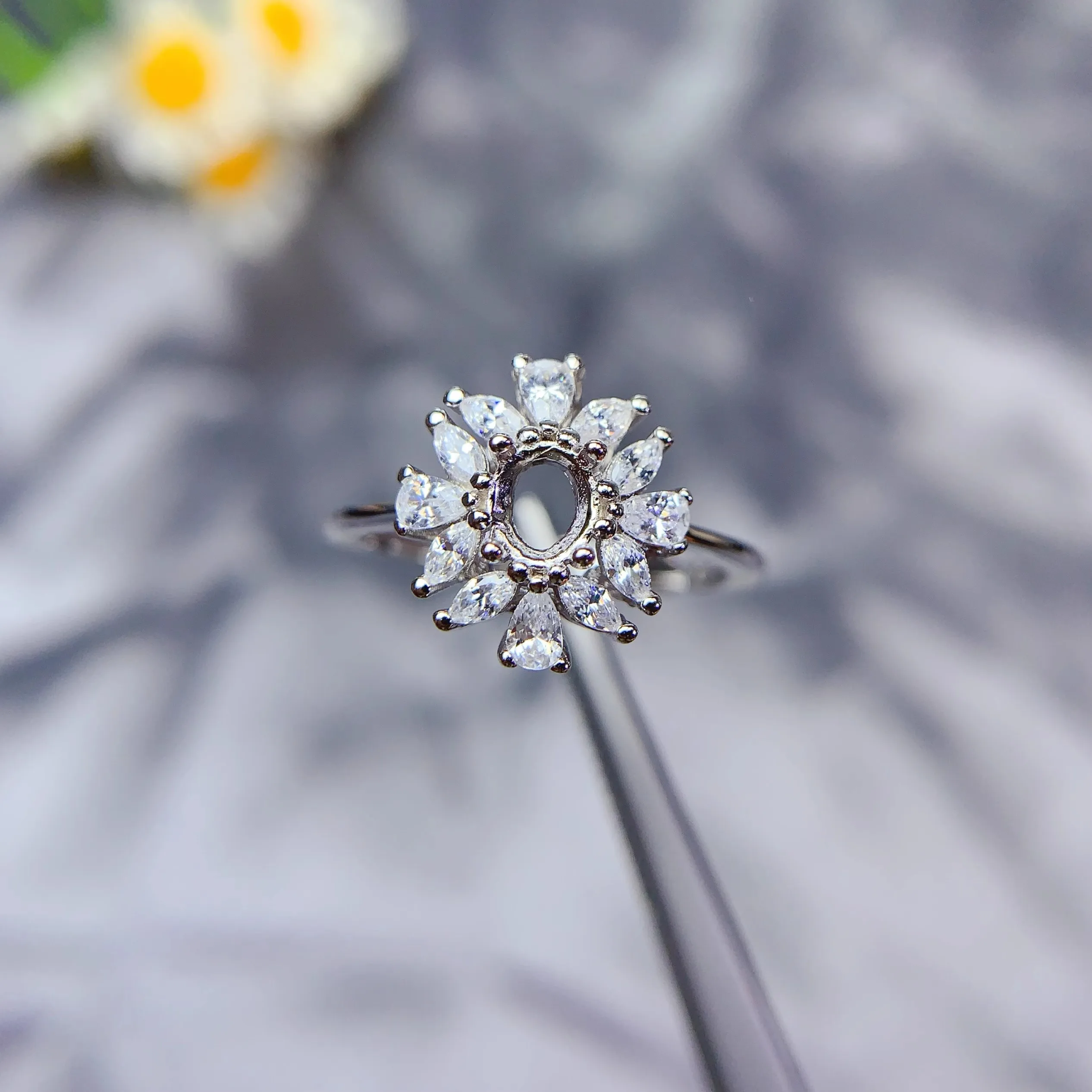 Y S925 Sterling Silver Inlay 4*5mm Oval Stone Empty Holder Ring Flower DIY Fine Simple Design Light Luxury Zircon 3 Colors