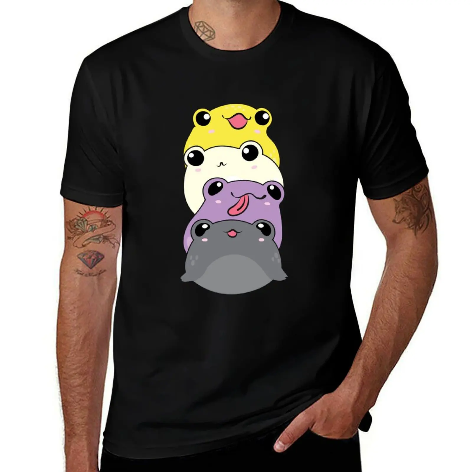Nonbinary Pride Frog - Cute Kawaii Aesthetic Frog - Subtle Non-Binary Enby NB Pride Flag Colors Frog Pile T-Shirt