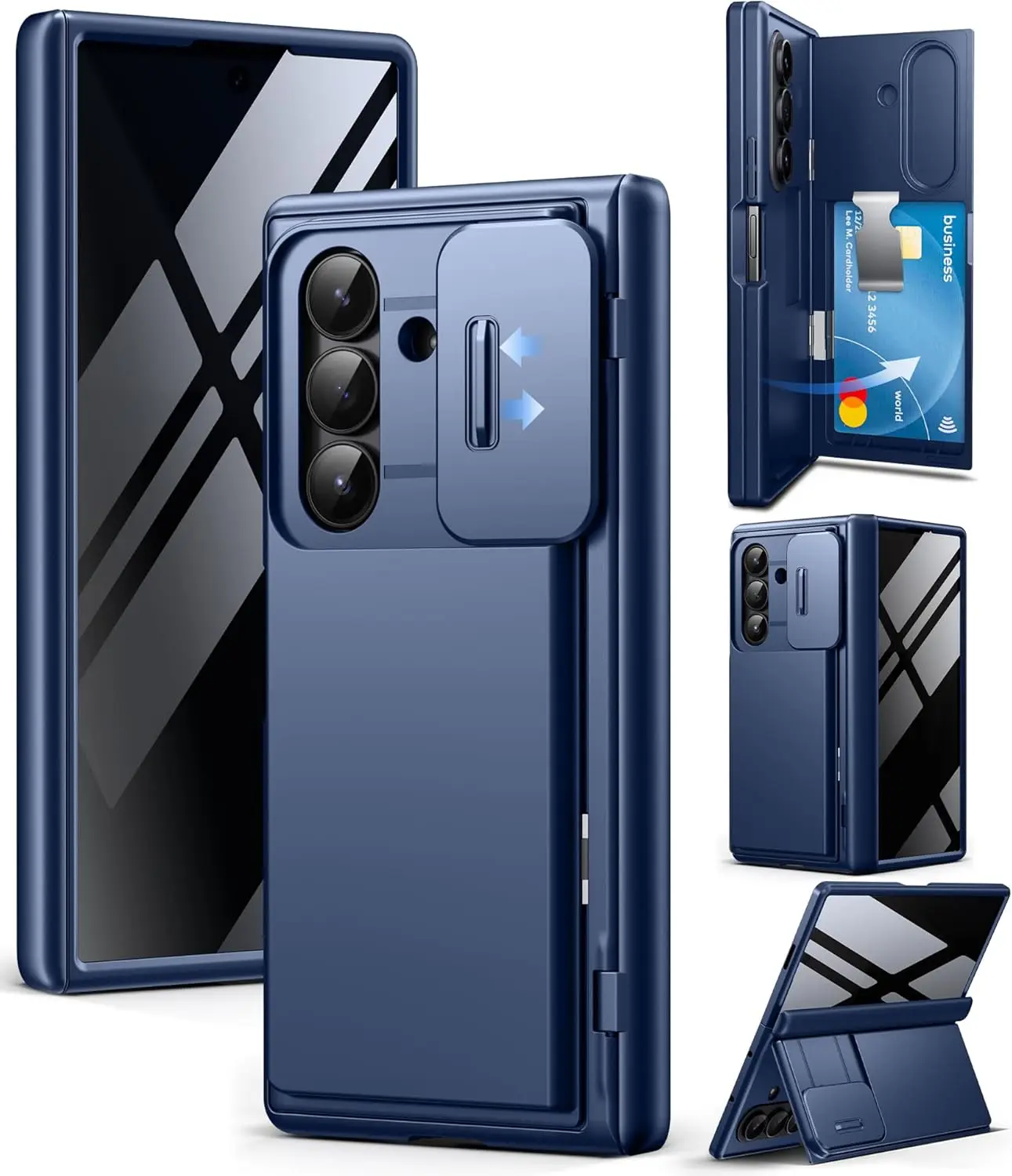 Foldable Phone Case with Privacy Screen, Card Holder & Stand for Samsung Z Fold 7 2025, Blue