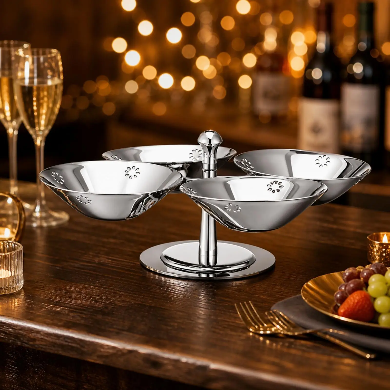 Rotatable Dessert Bowl Stand Stainless Steel Swivel Cake Pedestal with Openwork Design for Party Snack Serving