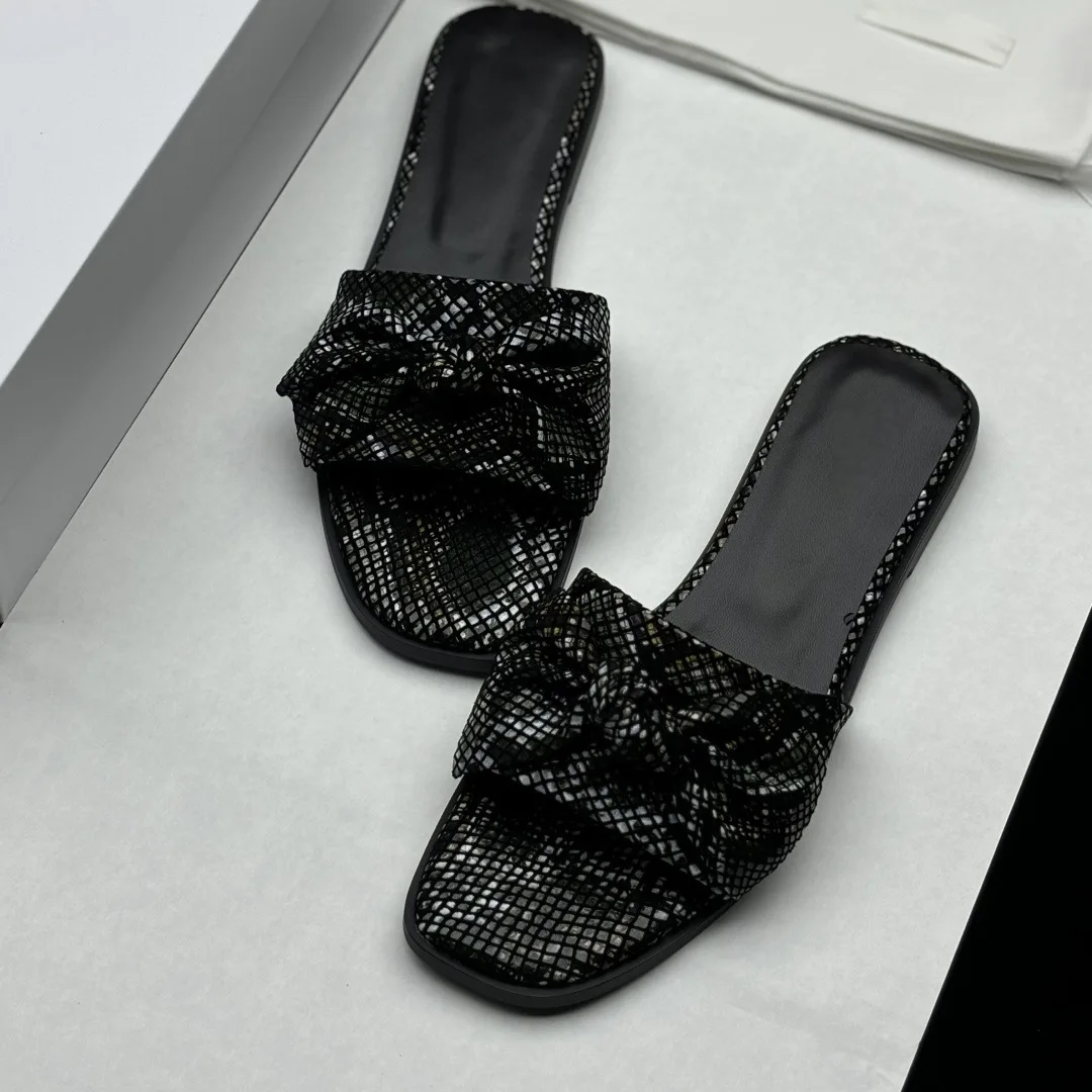 

Withered Minimalist French Leather Summer New Style Minimalist Black Mesh Bow Fashion Slippers Shoes For Woman Women's Sandals