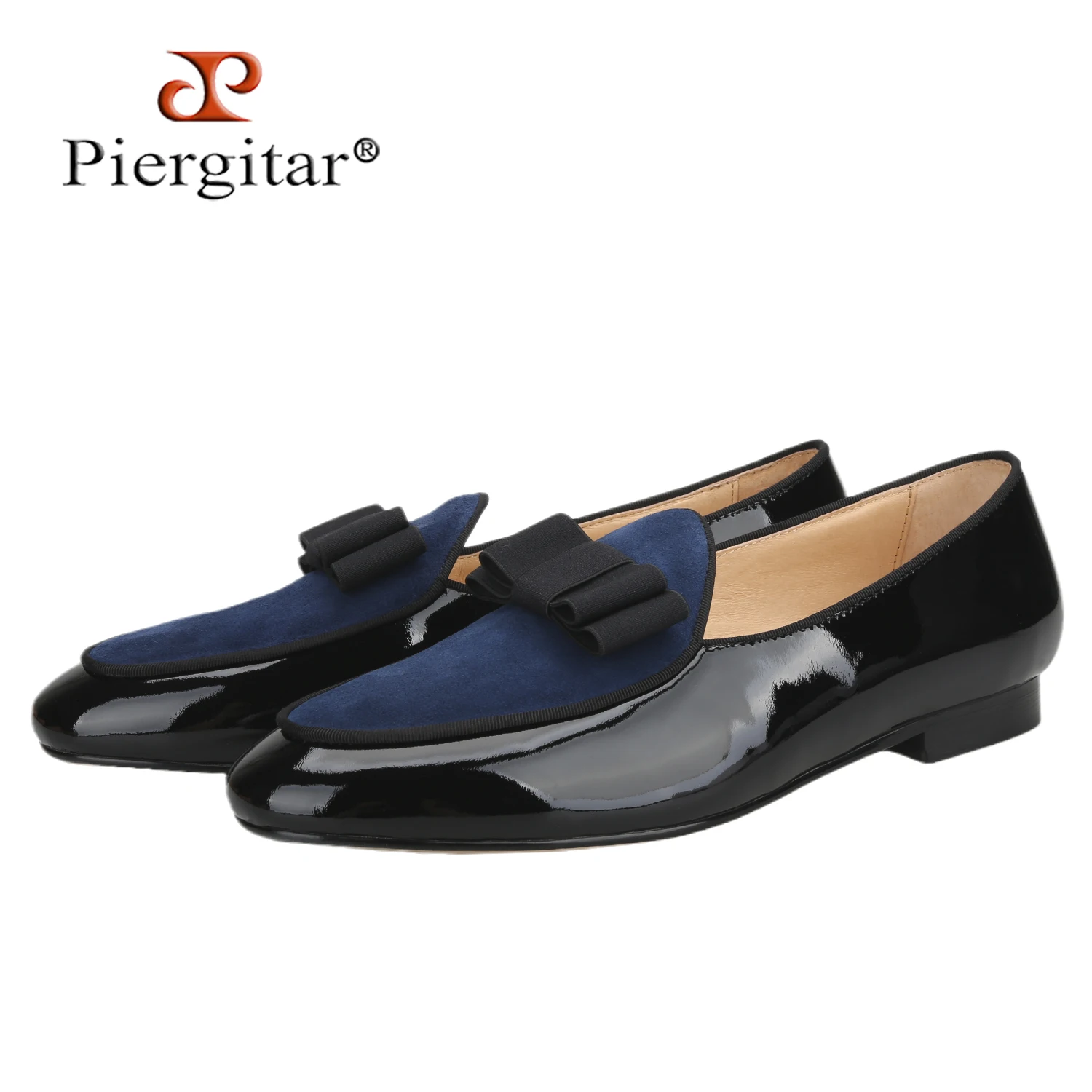 Piegitar 2026 Black Patent Leather Stitched Suede Slip-On Loafers Handmade Bow Tie Men's Dress Shoes For Party And Wedding Wear