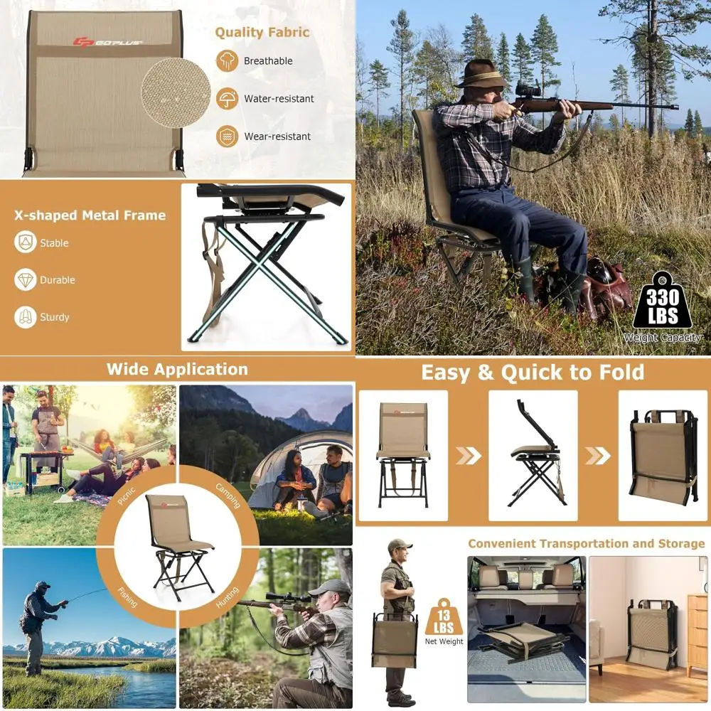 

Portable 360° Swivel Hunting Chair with Carry Strap, 330 lbs Capacity, Silent Folding Chair for Deer Hunting, Fishing, and Campi