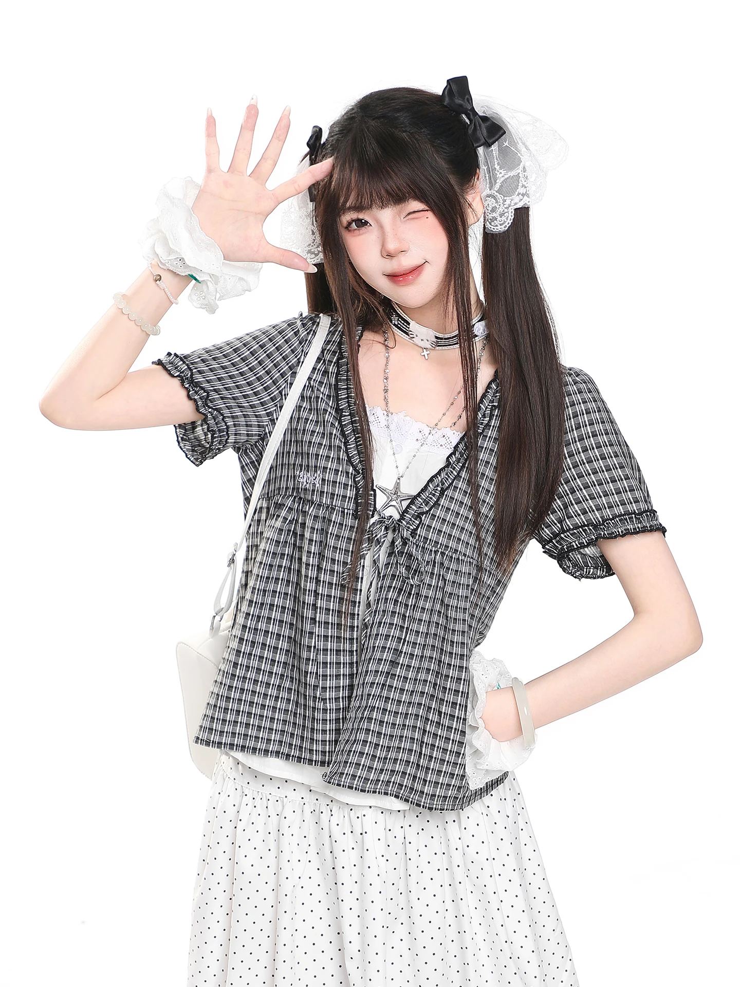 Korean Style Plaid Short Sleeve Loose Casual Shirt Women Summer College Style Versatile Ageless High-End Feeling Top