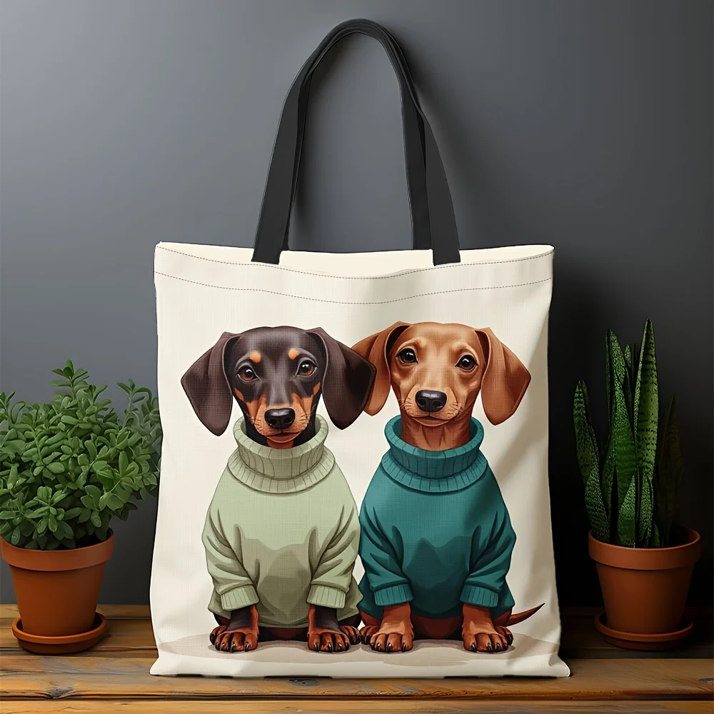 

1pc Dachshund Design Reusable Grocery Tote Bag - Large Capacity Lightweight Polyester Canvas, Handles for Travel, Shopping