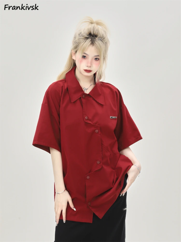 

Asymmetrical Shirts Women Baggy Turn-down Collar Half Sleeve Slouchy Japanese Style Youthful Vitality Harajuku Pure Color Ins