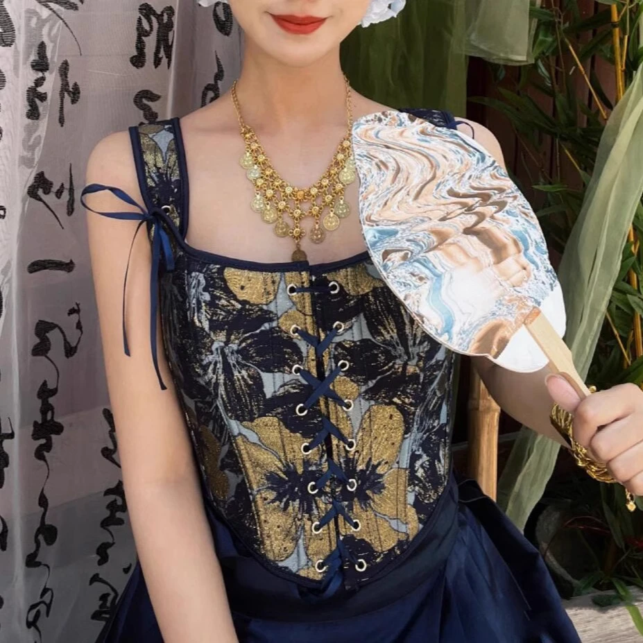 

Women Blue Gold Corset Overbust Black Gold Print Vintage Bodices Slimm Waist Lace Up Bustier Lolita Elegant Tops