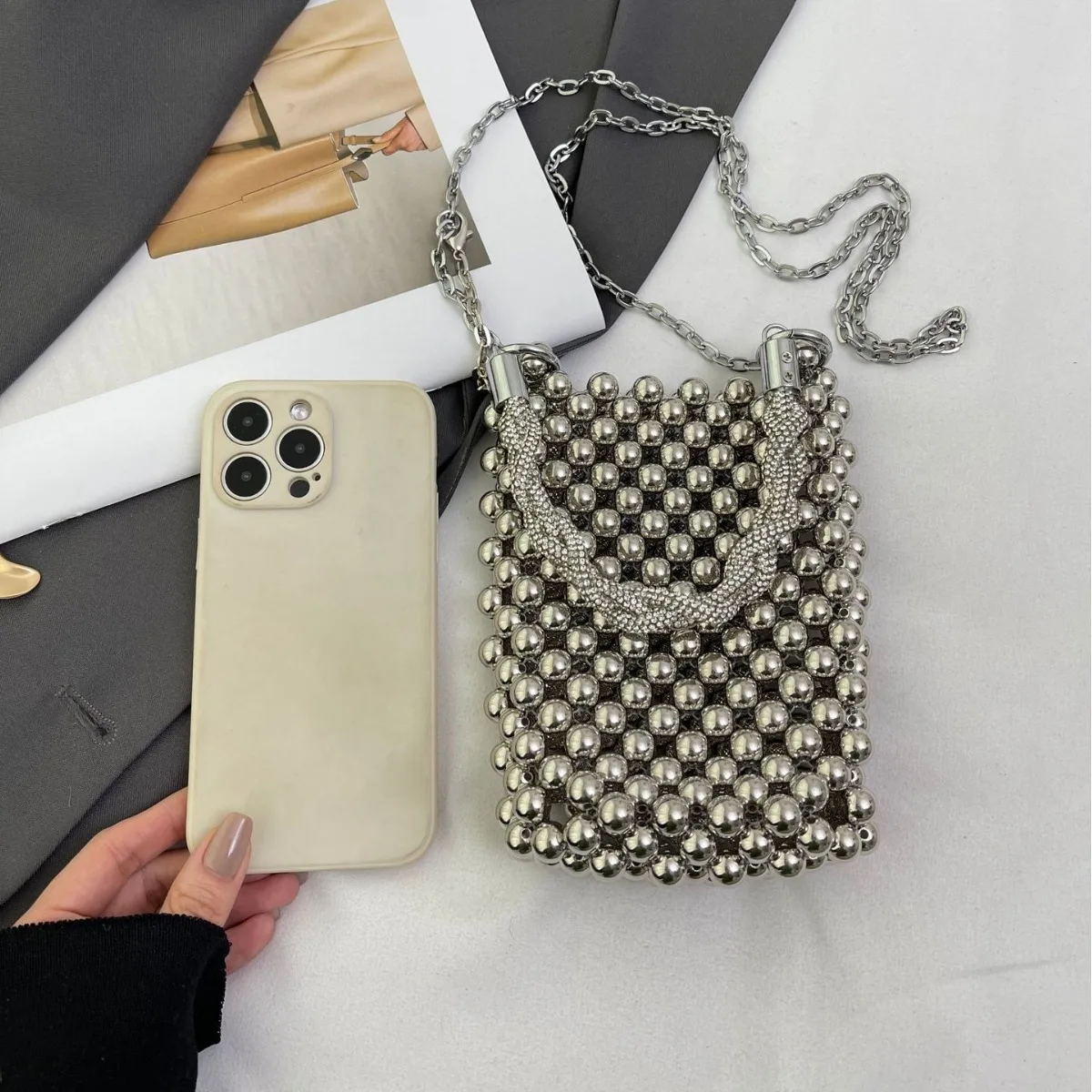 Fashion Small Silver Beaded Handbags For Women Handmade Trendy Portable Phone Purse Party Beading Shoulder Tote Bags