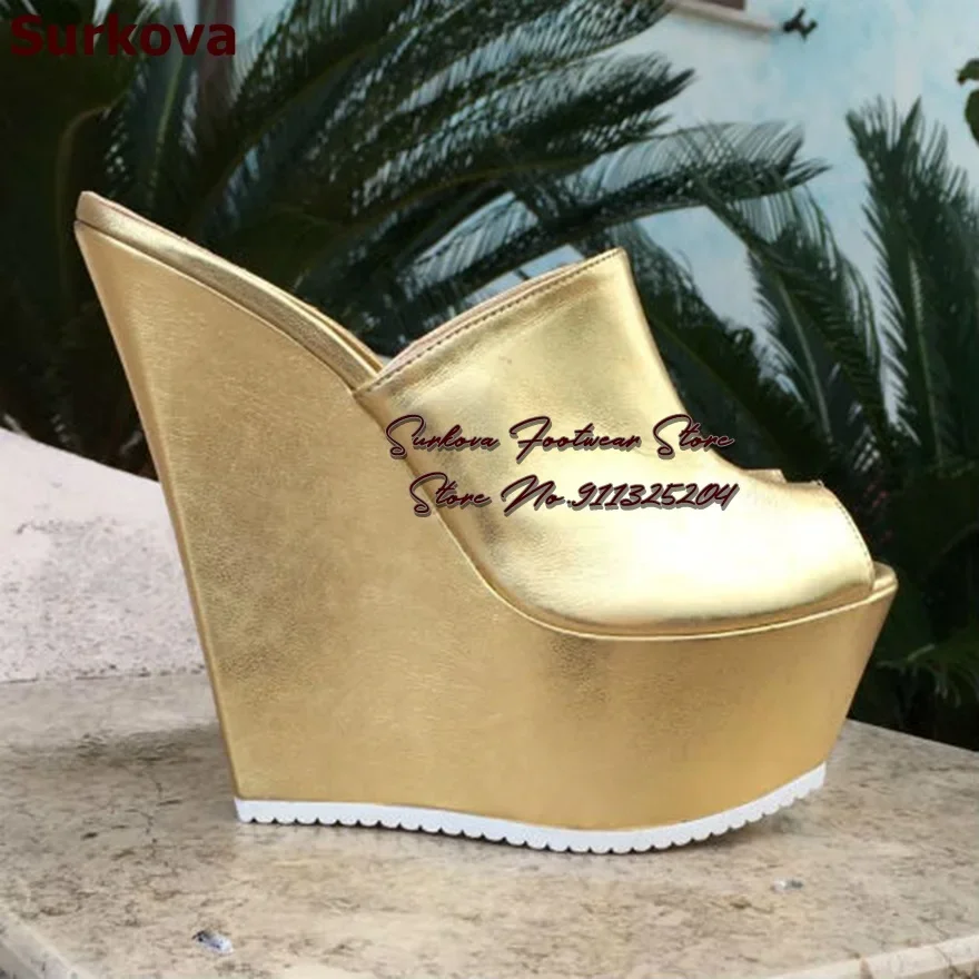 Surkova Golden Matte Wedged Heels Platform Slippers Open Toe Metallic Summer Sandals Slip-On Sky High Dress Shoes