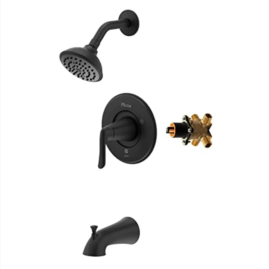 Tub and shower trim kit for residential use, brass construction, matte black finish, pressure-balanced valve with rain shower h