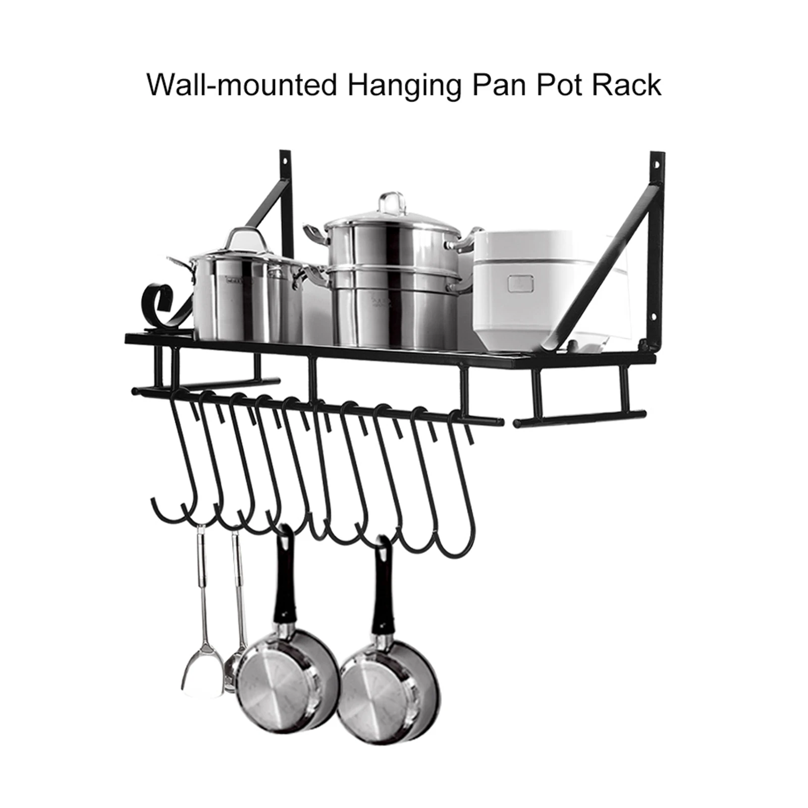 Rack de armazenamento de cozinha pan rack pote rack de metal pendurado pan pote rack montado na parede com 10 suportes gancho cozinha organizador do banheiro