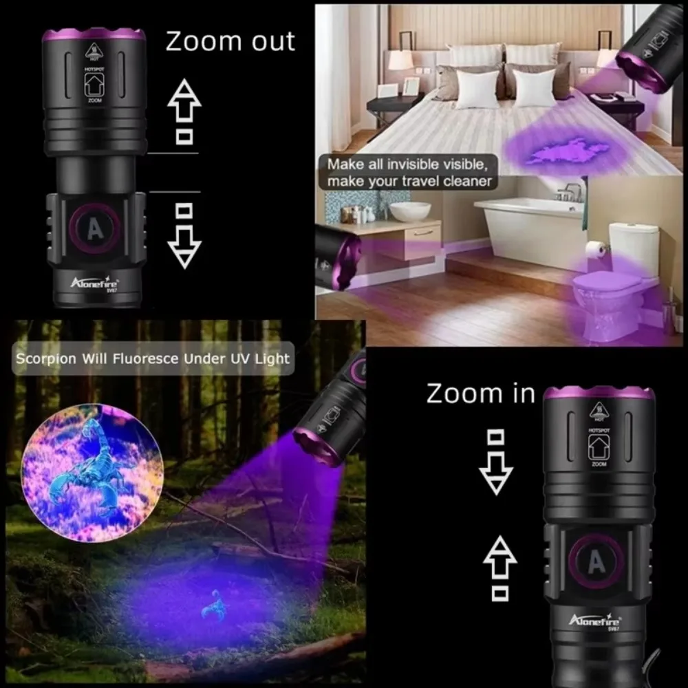 UV Flashlight Black Light USB Rechargeable 365/395nm Portable LED Ultraviolet Light Focus Adjustable for Pet Urine Detection