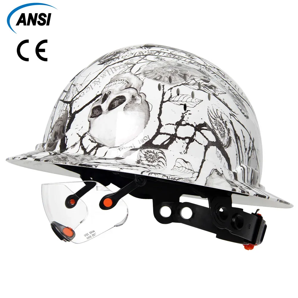 Skull Pattern Full Brim Hard Hat CE Construction Safety Helmet PE HardHat Lining 6 Point Breathable ANSI Hard Helmet Adjustable