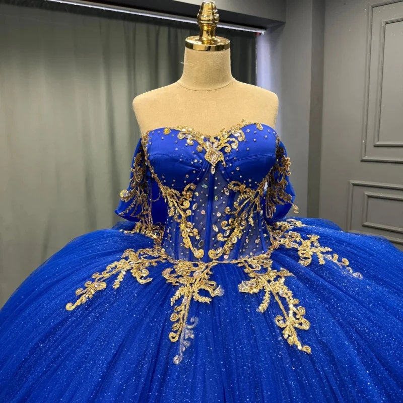 

Shiny royal blue Quinceanera Dress off-shoulder Lace layering crystal decal Long tail Bow vestidos de 15 Quinceanera ﻿Customize