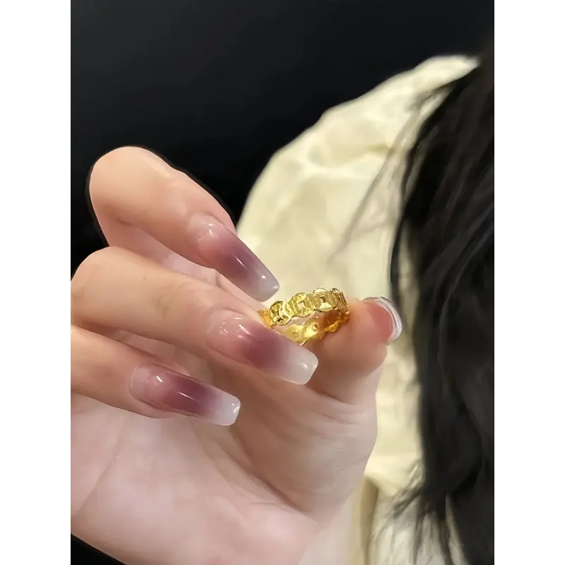 24k 999 gold ring with crushed ice effect, coin ring for women, fortune-bringing and luck-attracting index finger rin