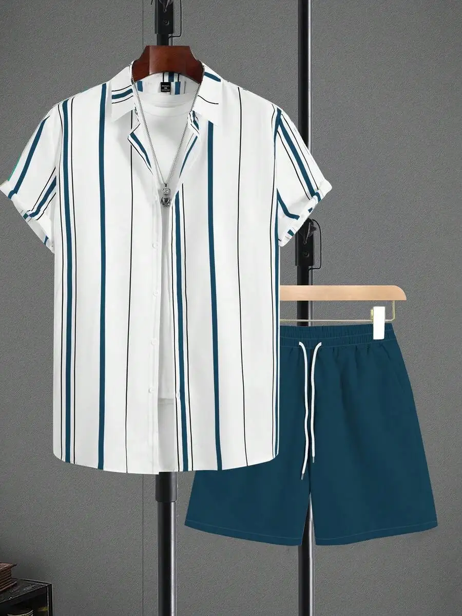 Manfinity Homme 2pcs/Set Men Striped Short Sleeve Single-Breasted Shirt & Shorts Sets For Men Summer, Cozy Outfits - view 5
