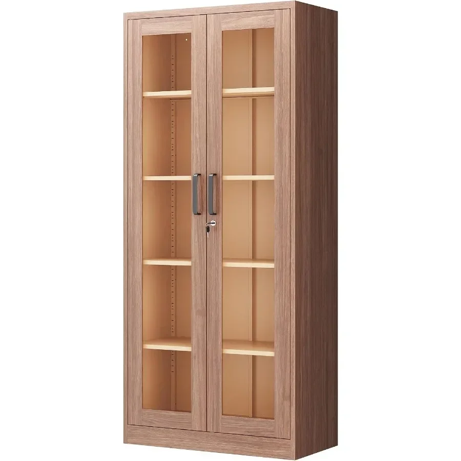 Display Cabinet with Glass Doors for Home, Office, Clinic, Pantry; Metal; Brown; 71 Inches, 4 Adjustable Shelves, Locking Glass
