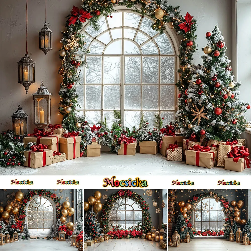 Mocsicka Photography Background Winter Christmas Wreath Window Decoration Supplies Kids Photo Portrait Backdrops Studio Props