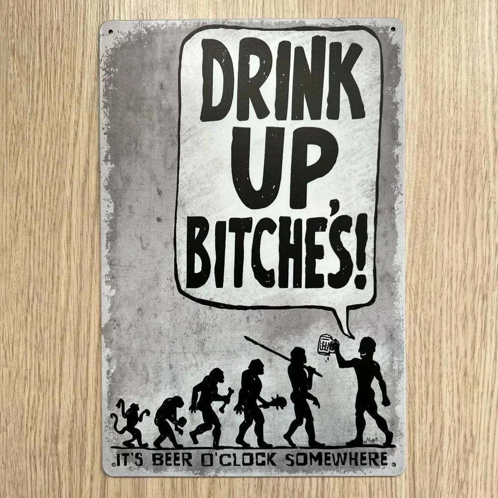 Tin Sign - Human Evolution Beer Drink Up Quote Vintage Durable Metal Plaque Wall Decor, Home Bar Pub Man Cave Wall Art