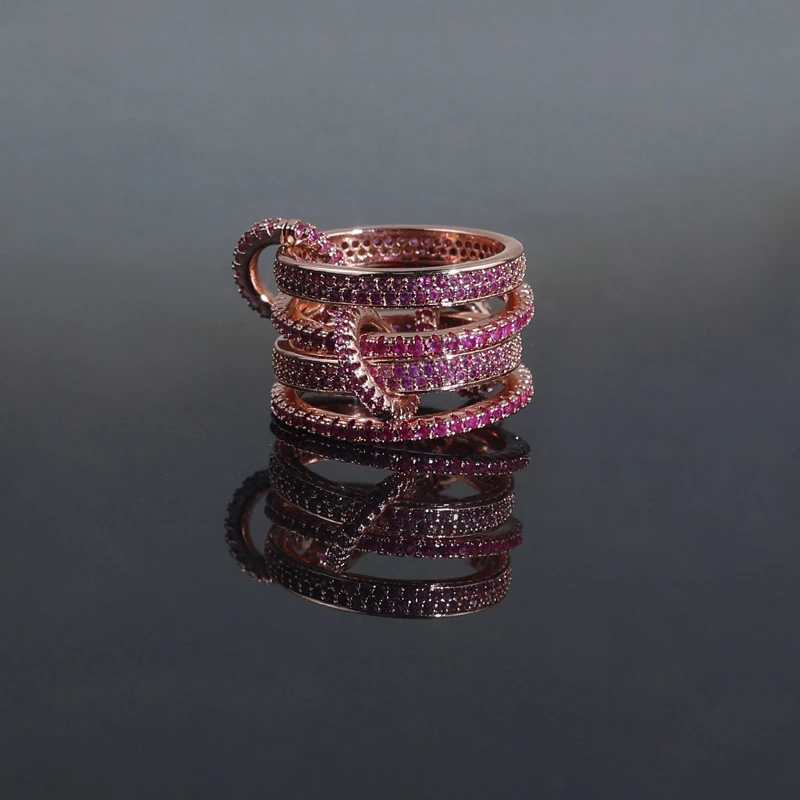 2025 New 4 Link Ring Rose Gold Color Pink Cubic Zircon Multi Piece Stacked Full Finger Women Jewelry Wedding Party Female