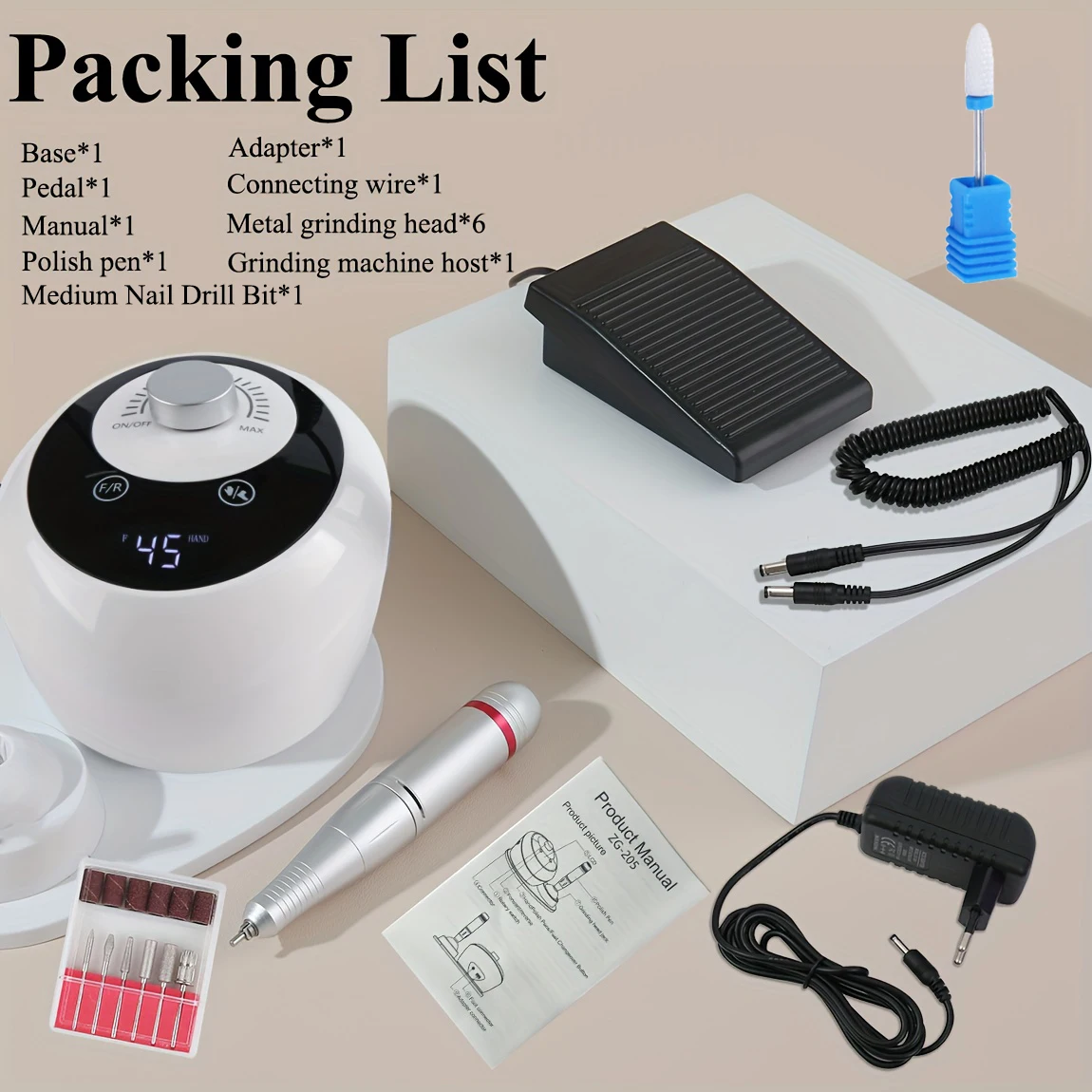 Upgraded Professional White 45000 RPM Electric Nail Grinder, Low-Noise Nail Care with Sanding Head, Hand & Foot Care Equipment
