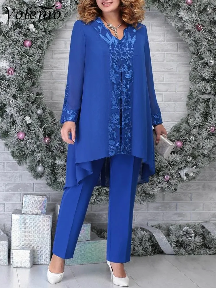 

Volemo Plus Size 3 Three Pieces Suits Pants Long Sleeve Embroidery Lace Jacket Pant Cardigan Tops 3 Pieces Trousers Tops