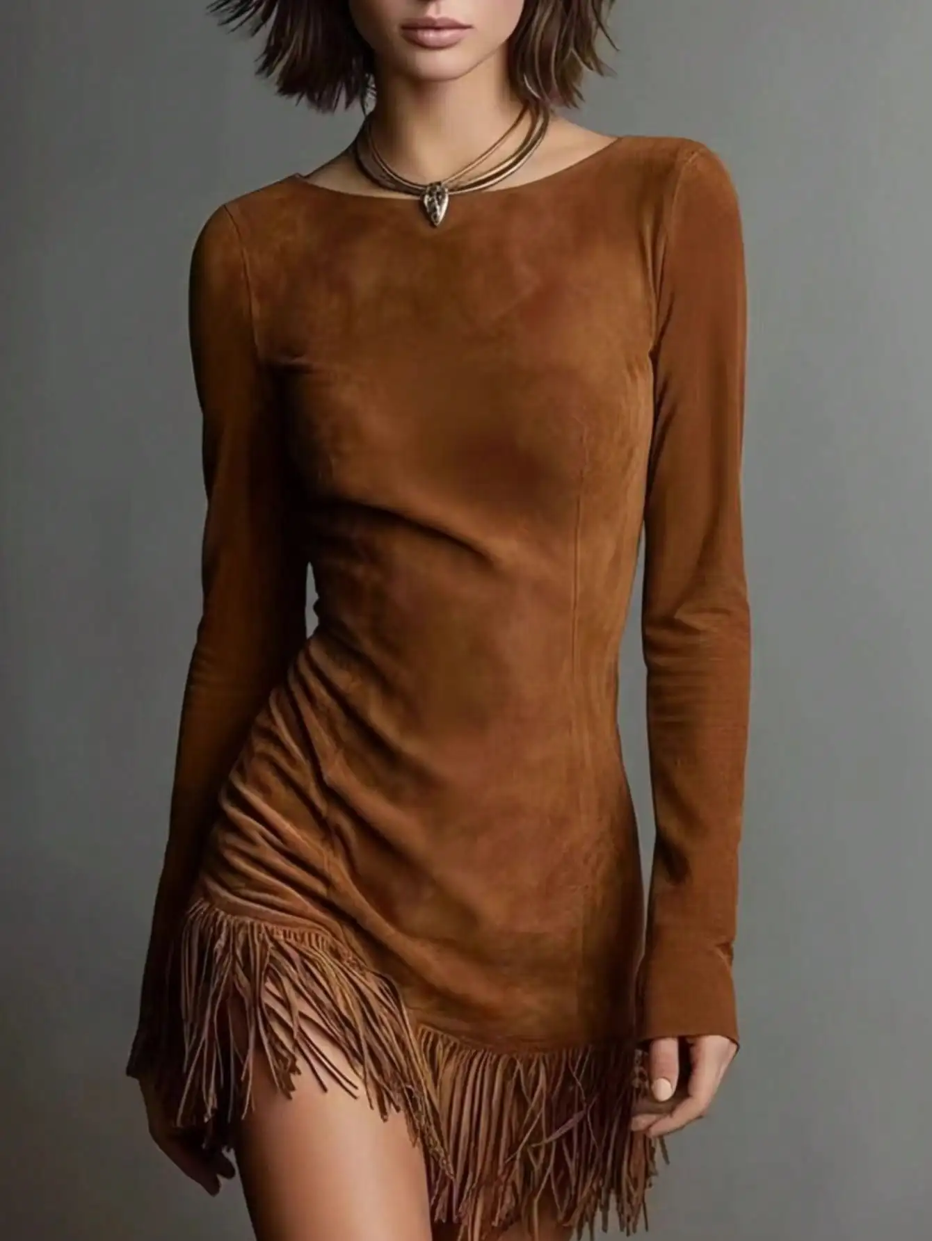 

Коричневое замшевое мини-платье с длинными рукавами и бахромой по низу для осенне-зимних вечеринок