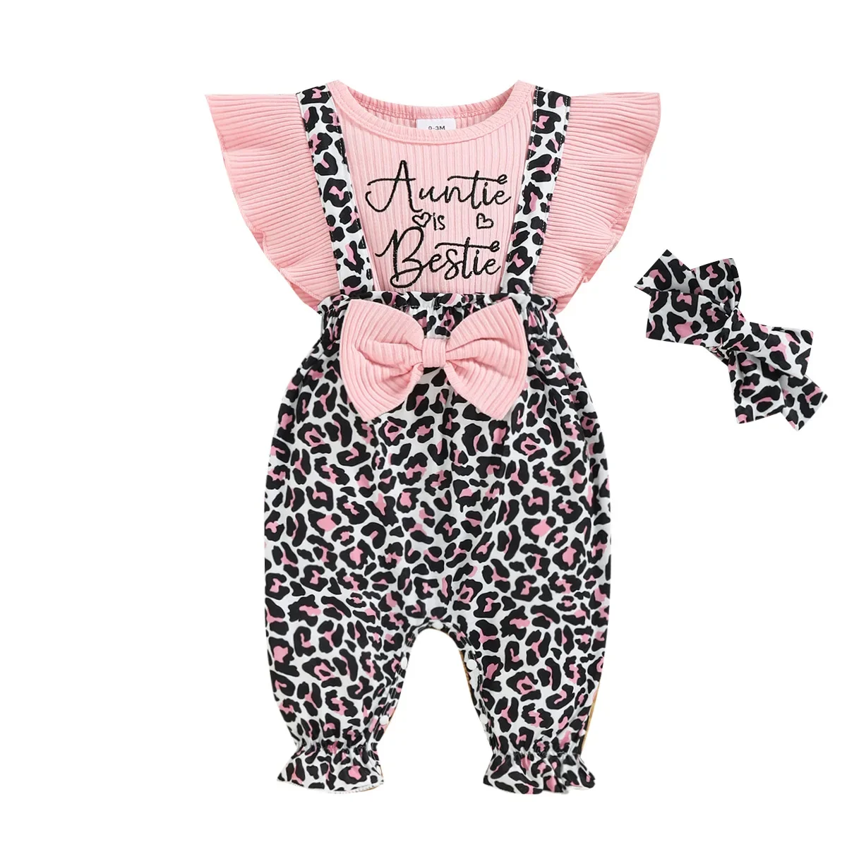 

Summer Baby Girls Letter Pit Strip Flying Sleeve Patchwork Leopard Pattern Romper+Headwear 2Pcs Toddler Baby Girls Outfits 0-18M