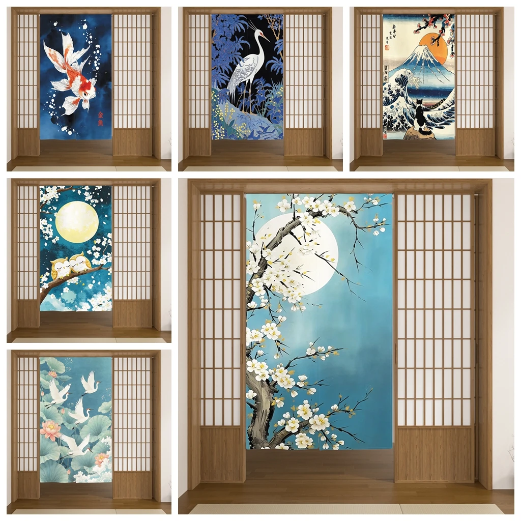 Japanese Linen Door Curtain Moon Branche Koi Crane Decor Dining Room Partition Kitchen Living Room Entrance Hanging Half-Curtain