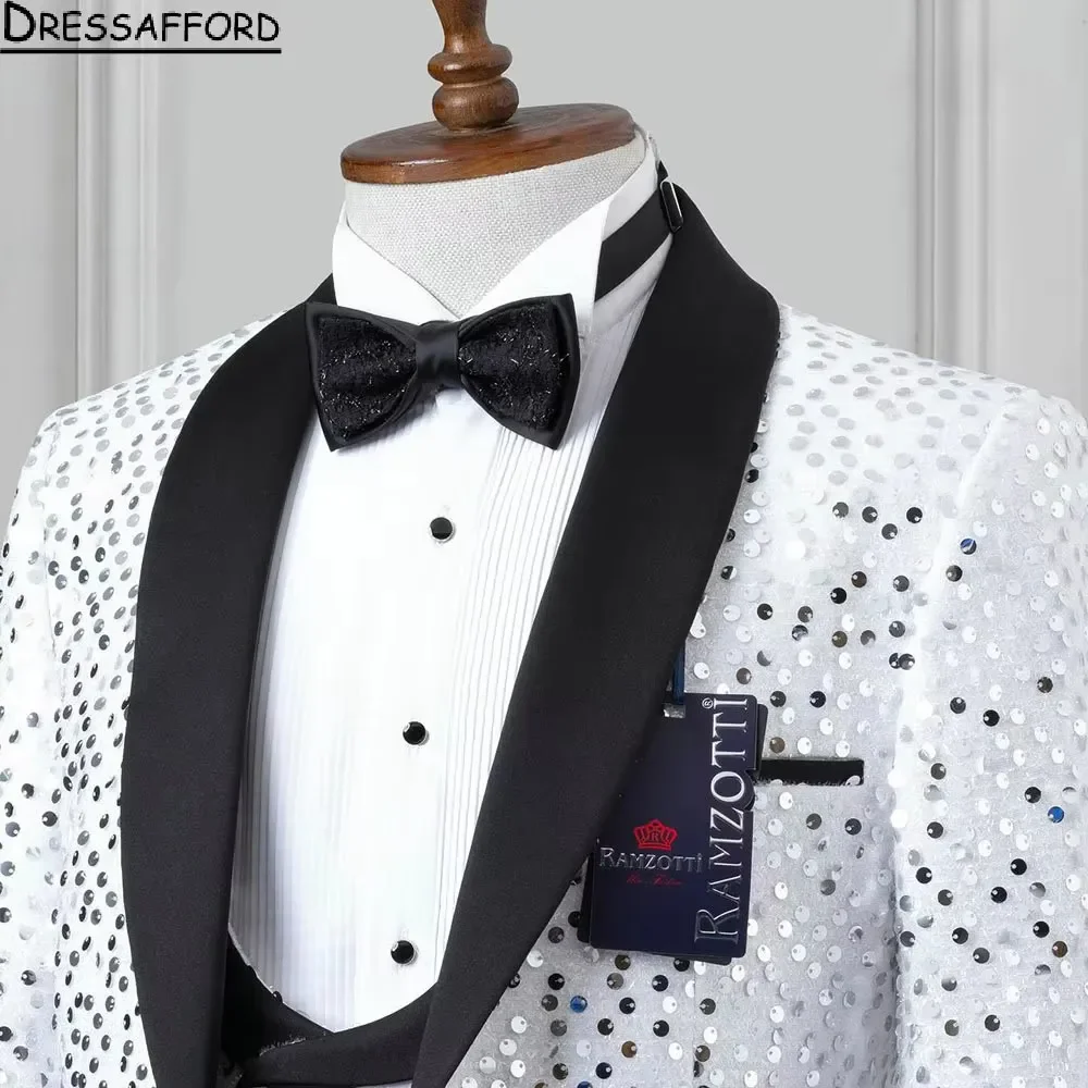 White Three Piece Groom Wear Formal Men Suits Sequined Jacket Vest And Pants Sets Smart Casual Business Blazer