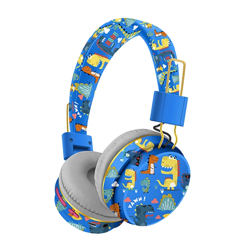 Wireless Bluetooth Headset with Microphone Dinosaur Animal Stereo Music Earphone TF Card Headphones for Kids-Blue